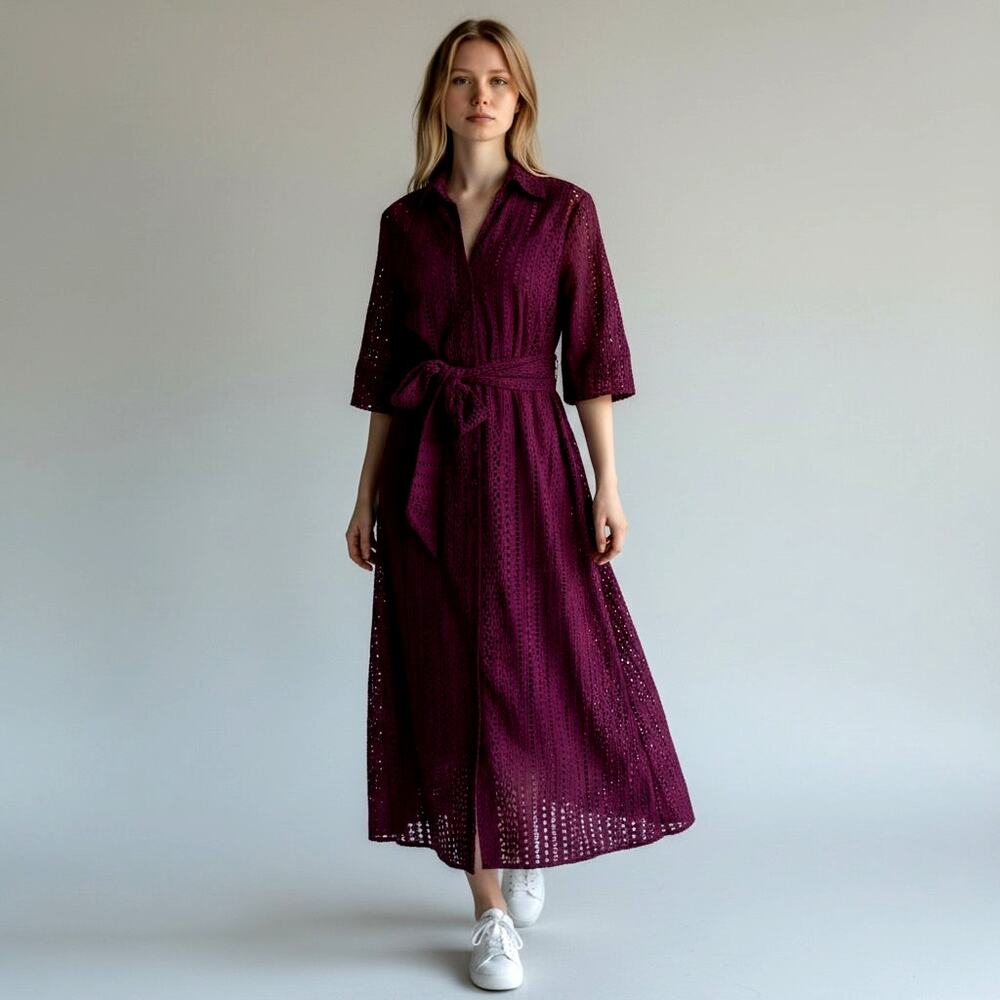 Simorra Barcelona Eyelet Shirt Dress Women's US 2 Burgundy 100% Cotton Belted
